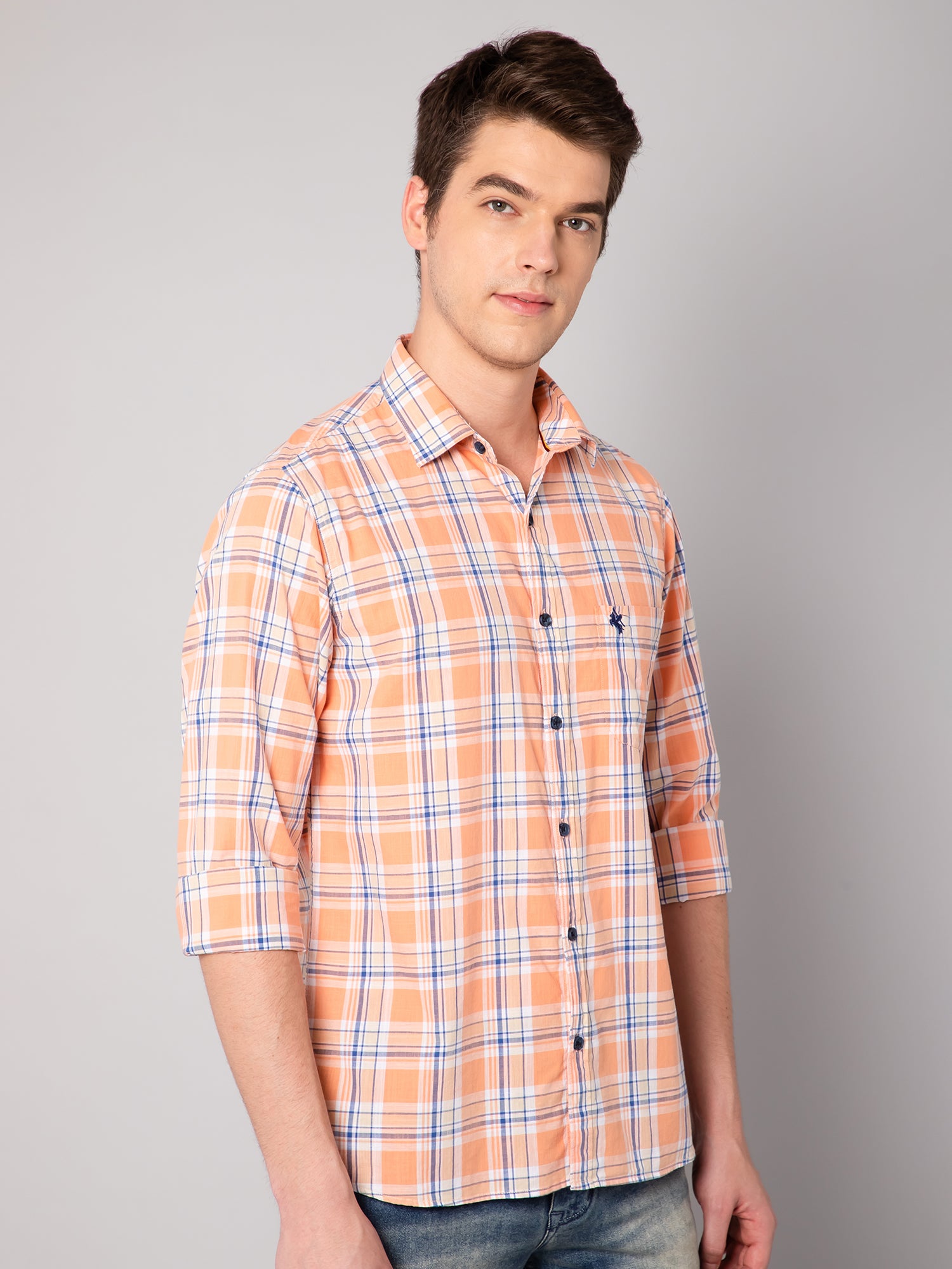 Cantabil Cotton Checkered Orange Full Sleeve Casual Shirt for Men with Pocket (7048398733451)