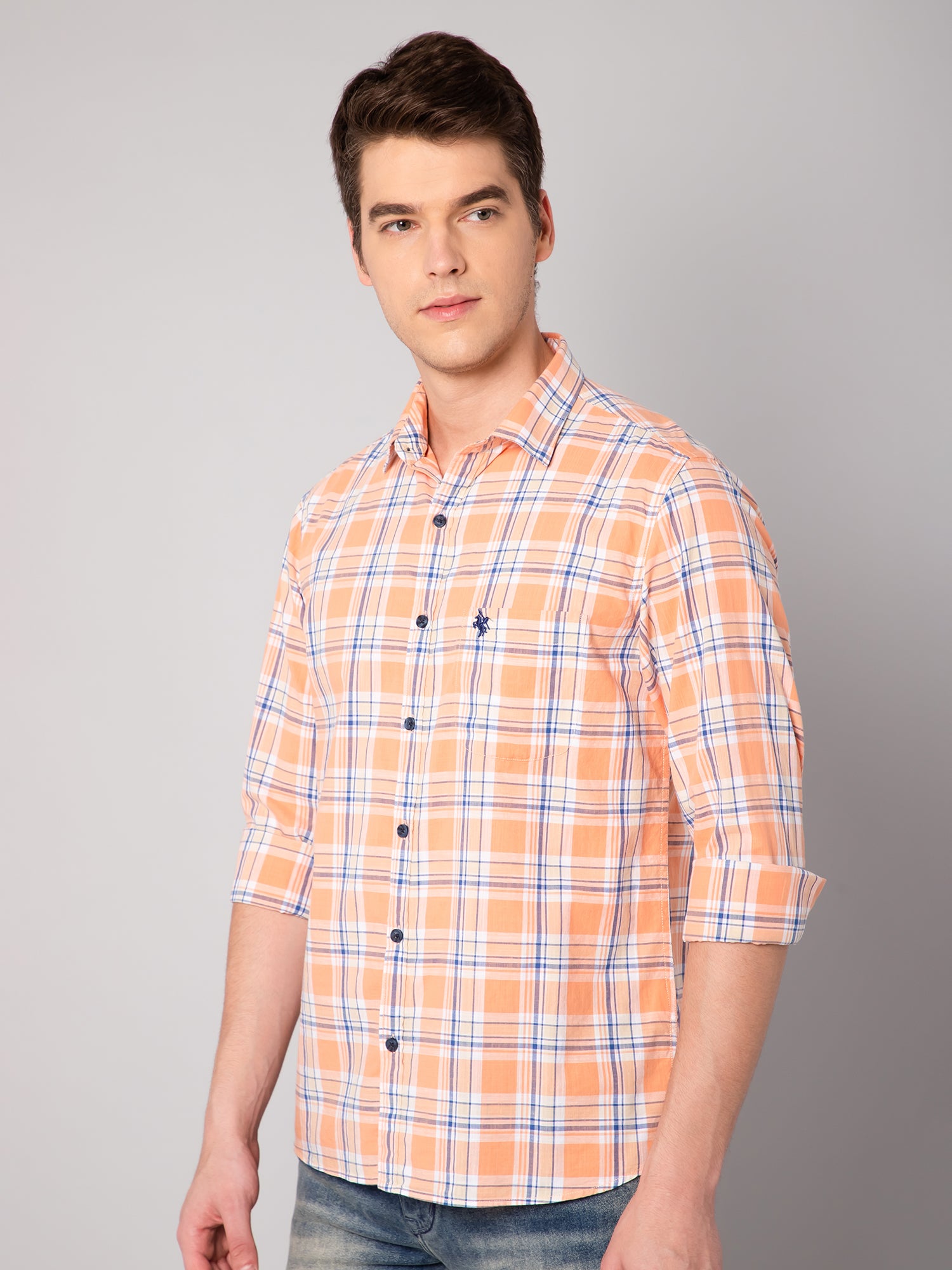 Cantabil Cotton Checkered Orange Full Sleeve Casual Shirt for Men with Pocket (7048398733451)