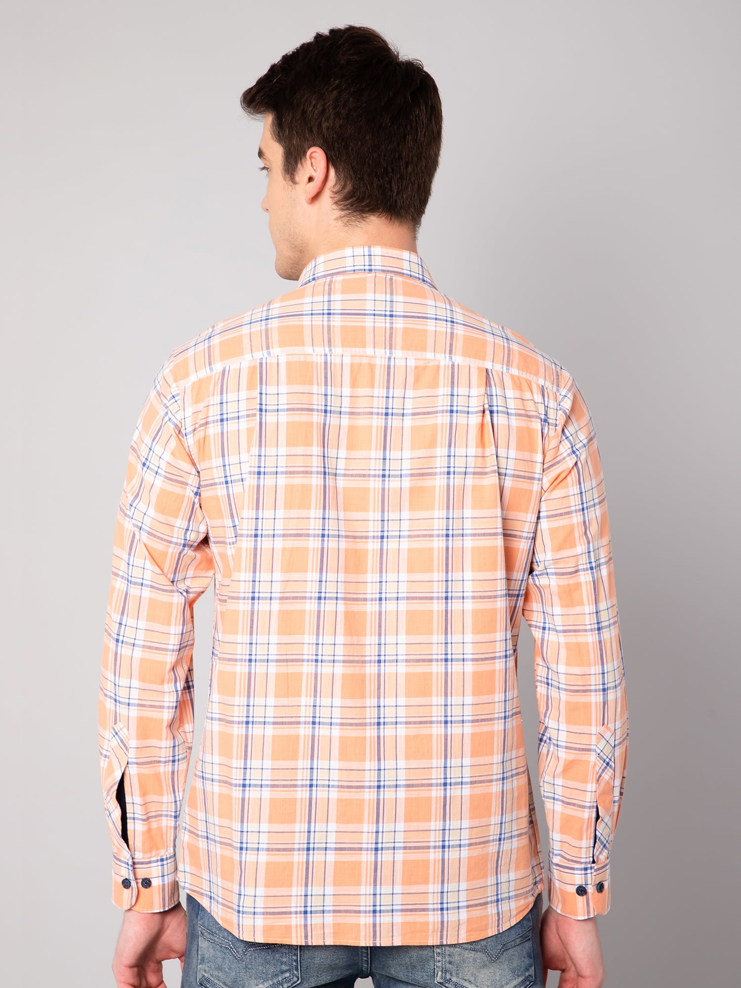 Cantabil Cotton Checkered Orange Full Sleeve Casual Shirt for Men with Pocket (7048398733451)