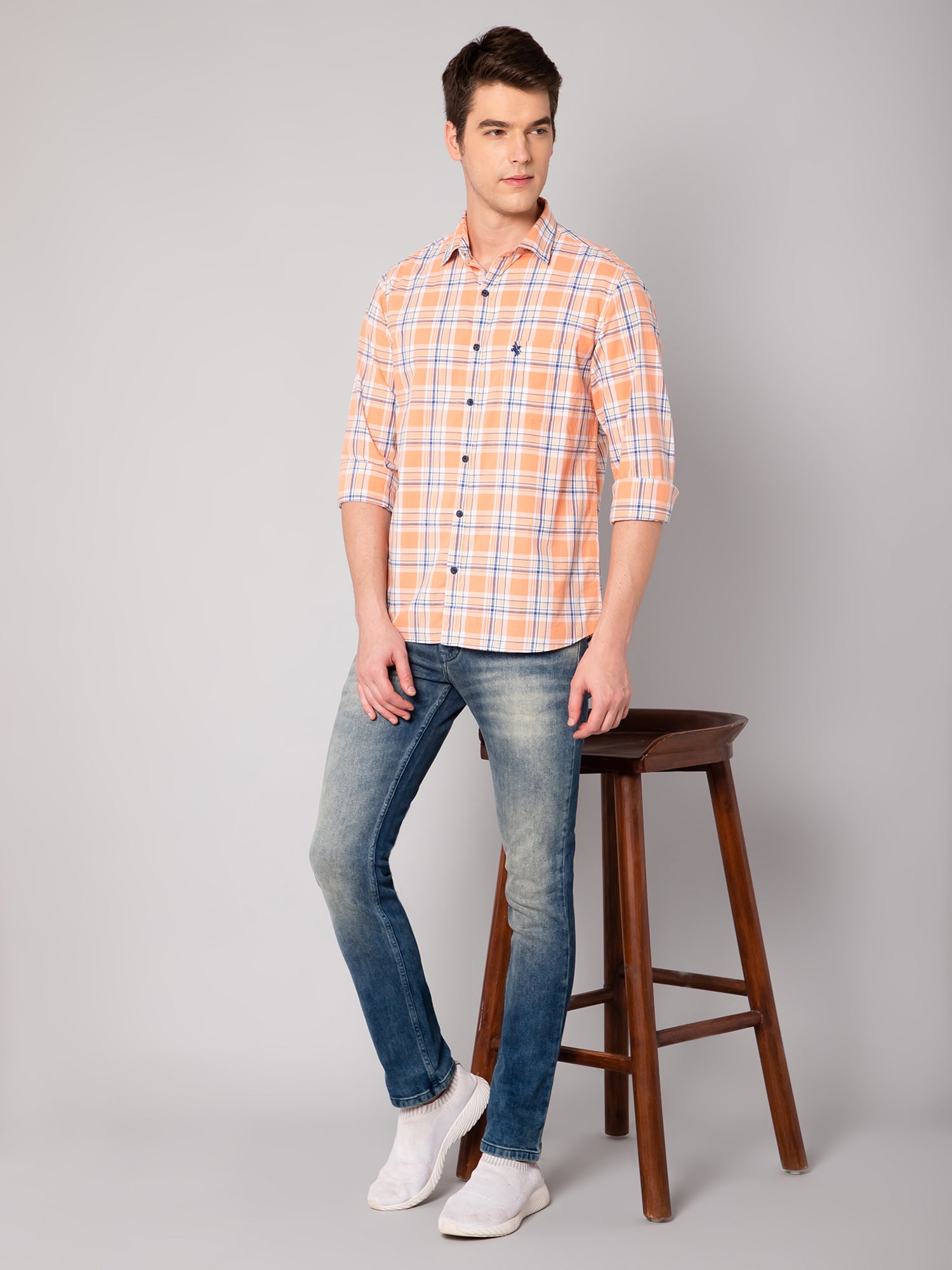 Cantabil Cotton Checkered Orange Full Sleeve Casual Shirt for Men with Pocket (7048398733451)