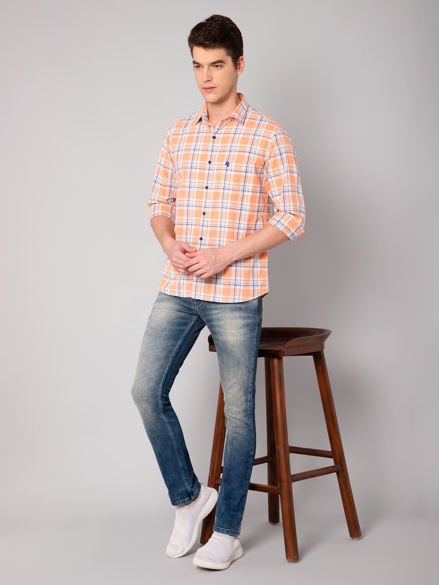 Cantabil Cotton Checkered Orange Full Sleeve Casual Shirt for Men with Pocket (7048398733451)