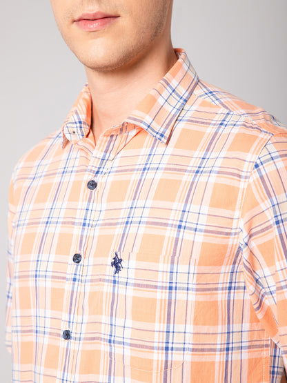 Cantabil Cotton Checkered Orange Full Sleeve Casual Shirt for Men with Pocket (7048398733451)