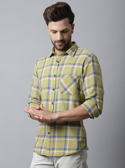 Cantabil Cotton Checkered Light Green Full Sleeve Casual Shirt for Men with Pocket (7048394997899)