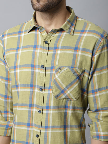 Cantabil Cotton Checkered Light Green Full Sleeve Casual Shirt for Men with Pocket (7048394997899)