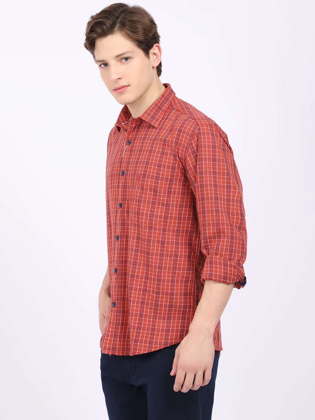 Cantabil Cotton Checkered Rust Full Sleeve Casual Shirt for Men with Pocket (6865373134987)