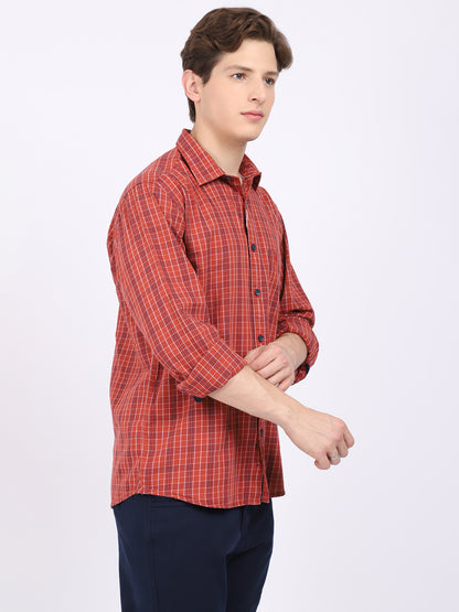 Cantabil Cotton Checkered Rust Full Sleeve Casual Shirt for Men with Pocket (6865373134987)