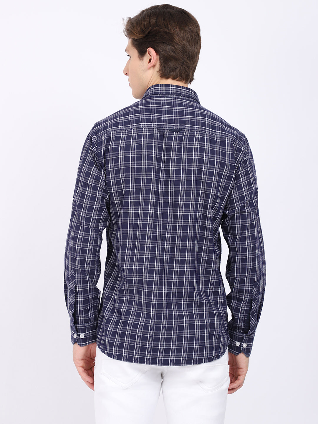 Cantabil Cotton Checkered Navy Blue Full Sleeve Casual Shirt for Men with Pocket (6865379393675)