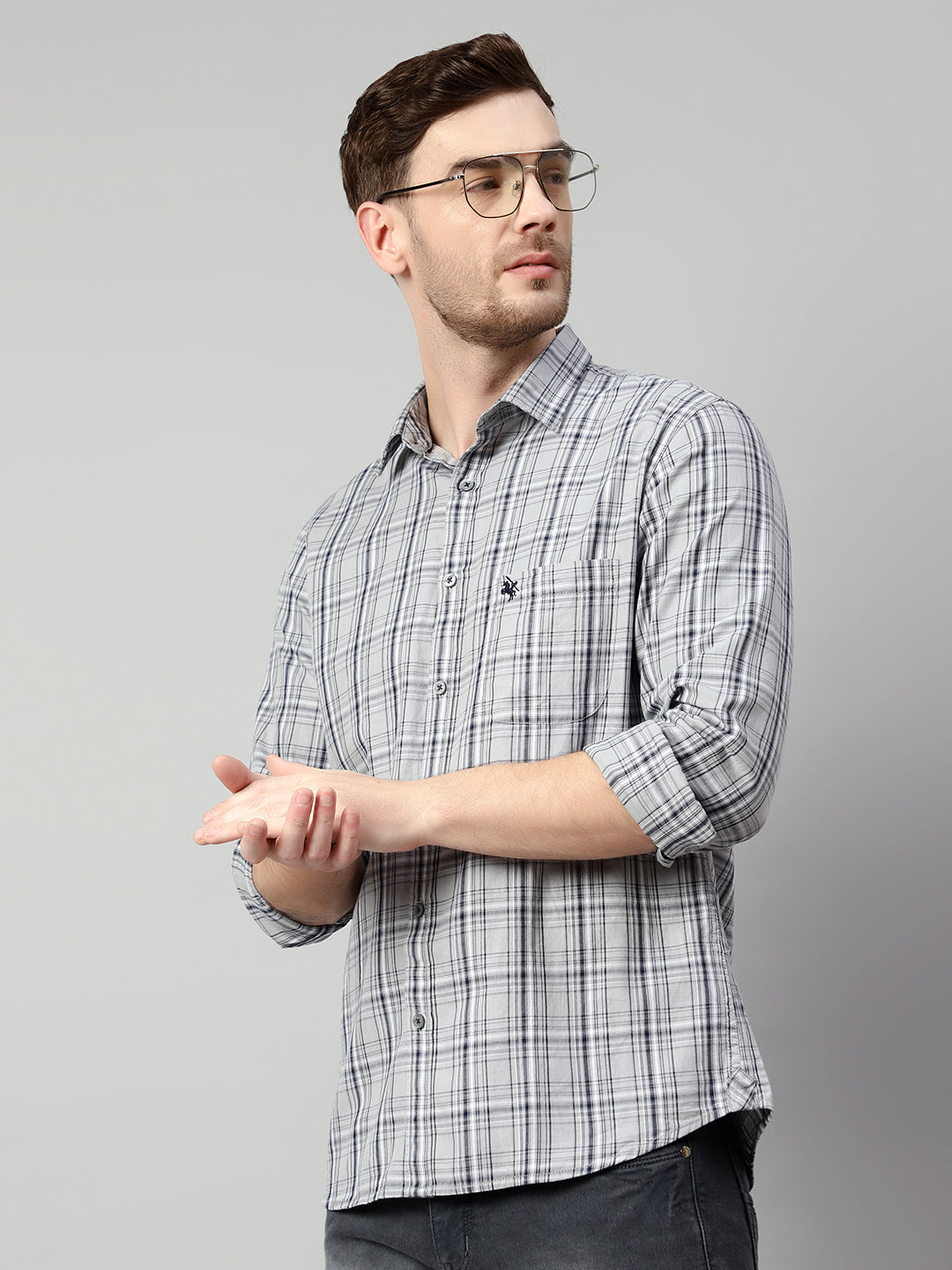 Cantabil Cotton Checkered Grey Full Sleeve Casual Shirt for Men with Pocket (7114264248459)