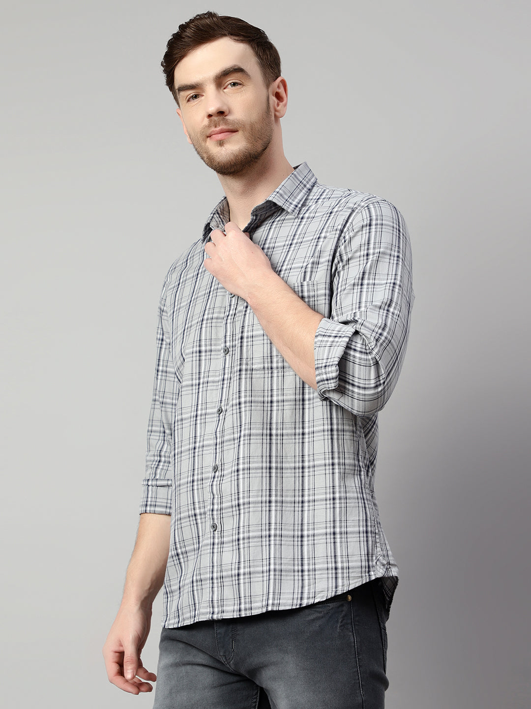 Cantabil Cotton Checkered Grey Full Sleeve Casual Shirt for Men with Pocket (7114264248459)