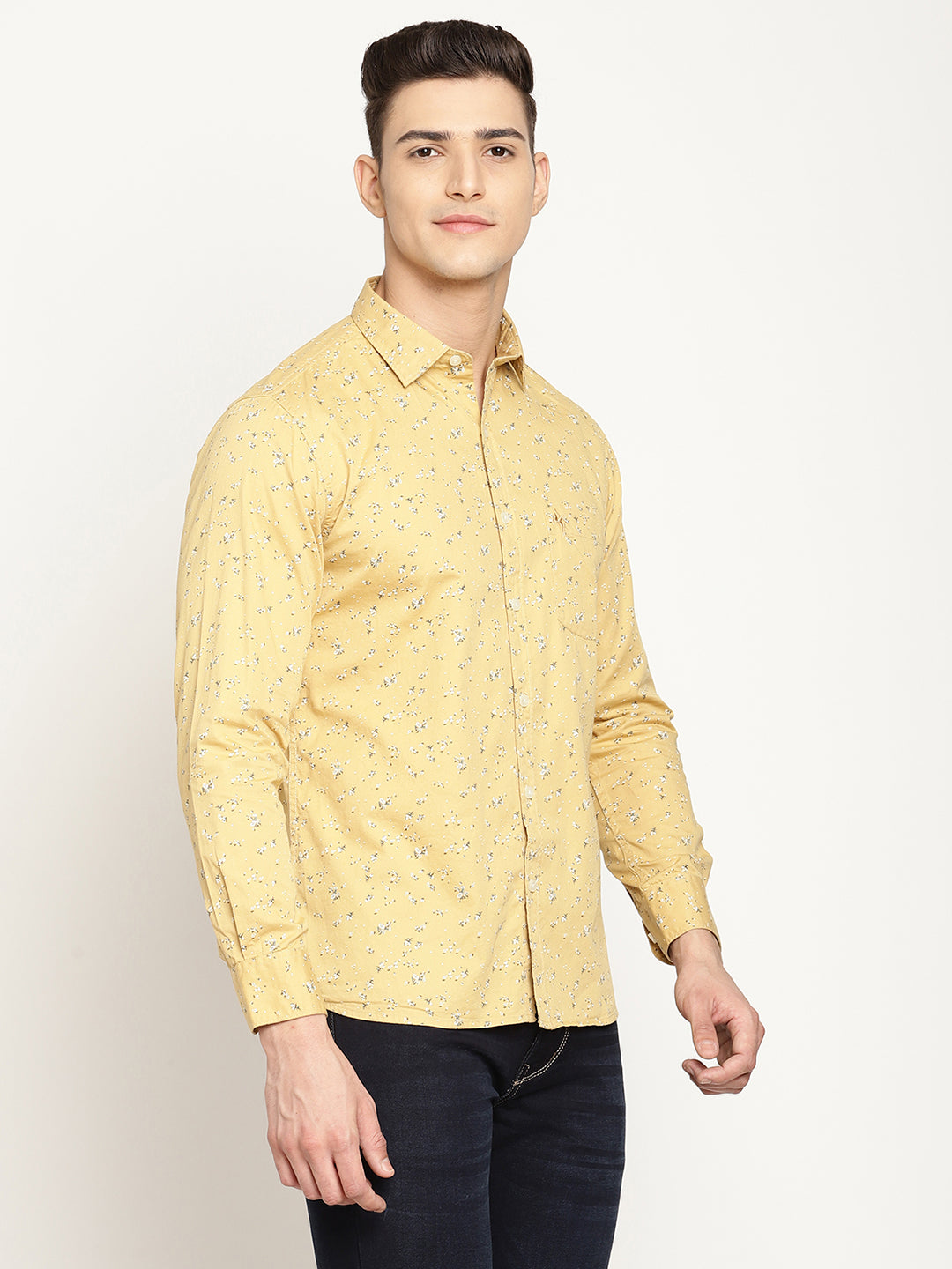 Cantabil Cotton Printed Mustard Full Sleeve Casual Shirt for Men with Pocket (6830444380299)