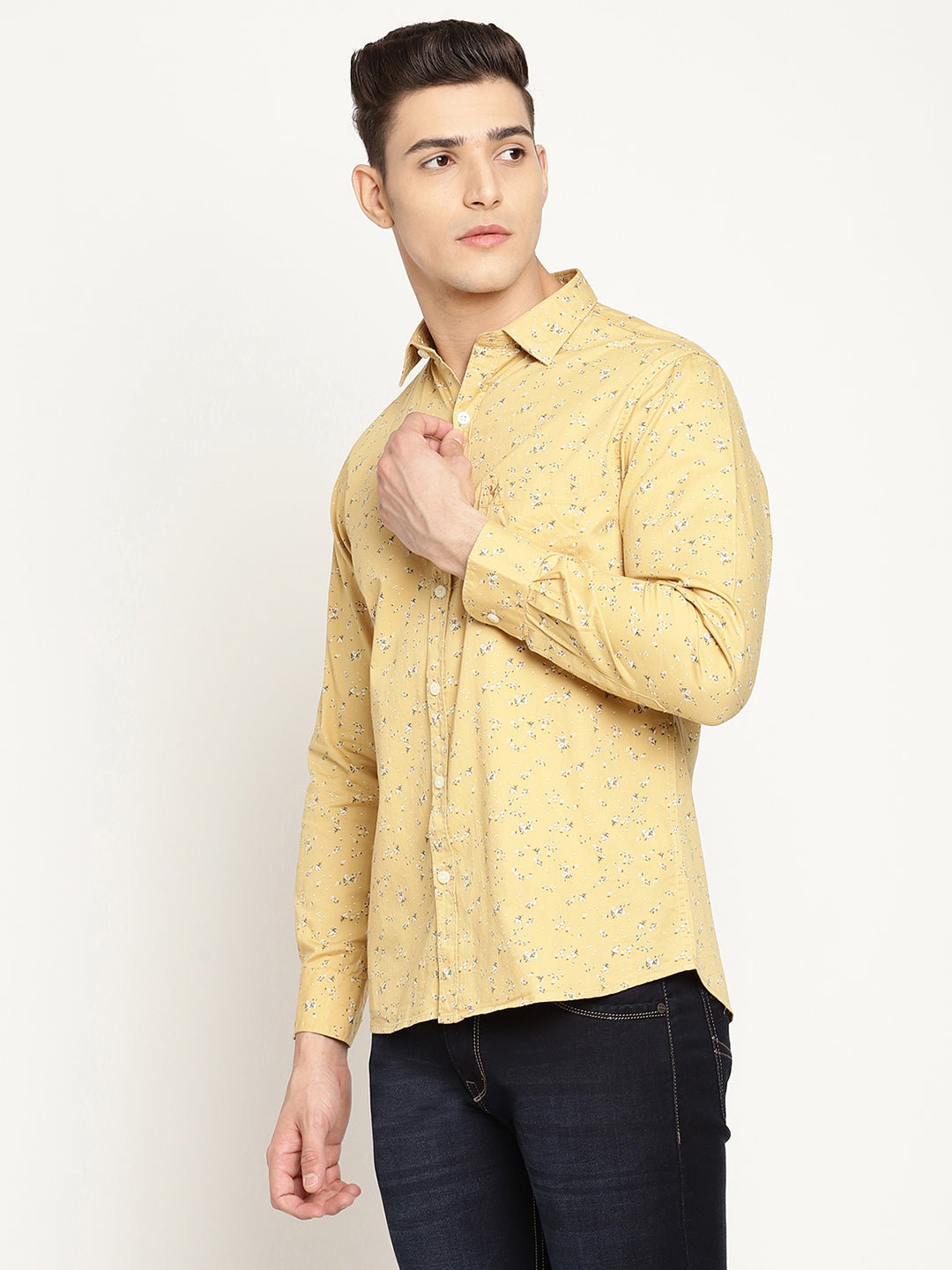 Cantabil Cotton Printed Mustard Full Sleeve Casual Shirt for Men with Pocket (6830444380299)