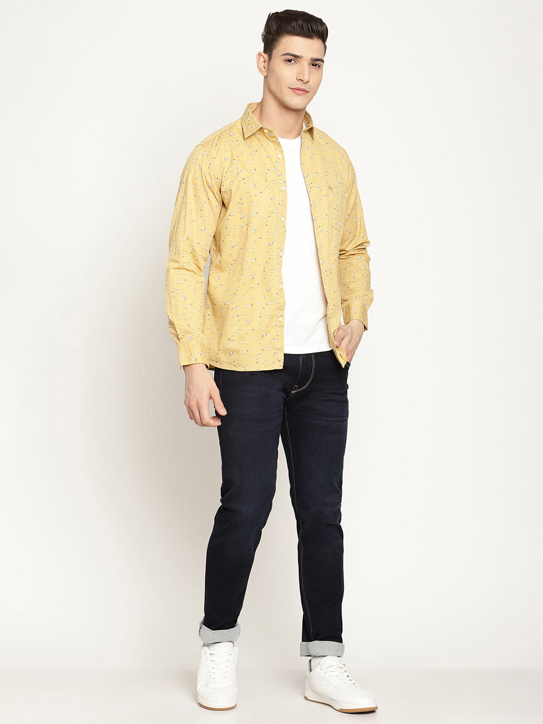 Cantabil Cotton Printed Mustard Full Sleeve Casual Shirt for Men with Pocket (6830444380299)