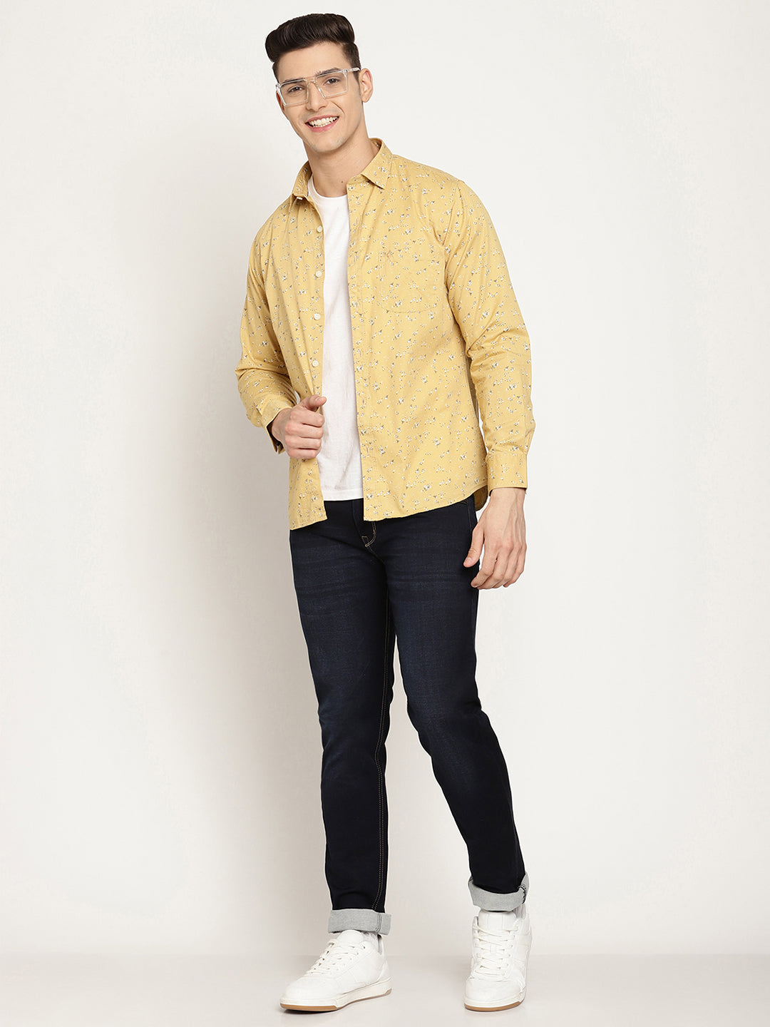 Cantabil Cotton Printed Mustard Full Sleeve Casual Shirt for Men with Pocket (6830444380299)