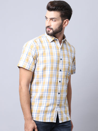 Cantabil Cotton Checkered Khaki Half Sleeve Casual Shirt for Men with Pocket (7004047343755)