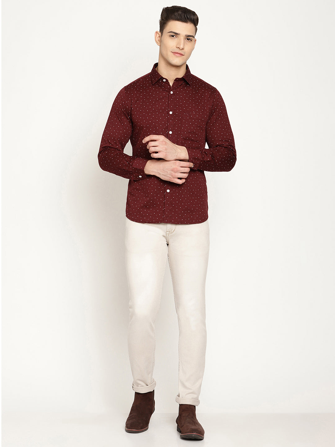 Cantabil Cotton Printed Maroon Full Sleeve Casual Shirt for Men with Pocket (6831075917963)