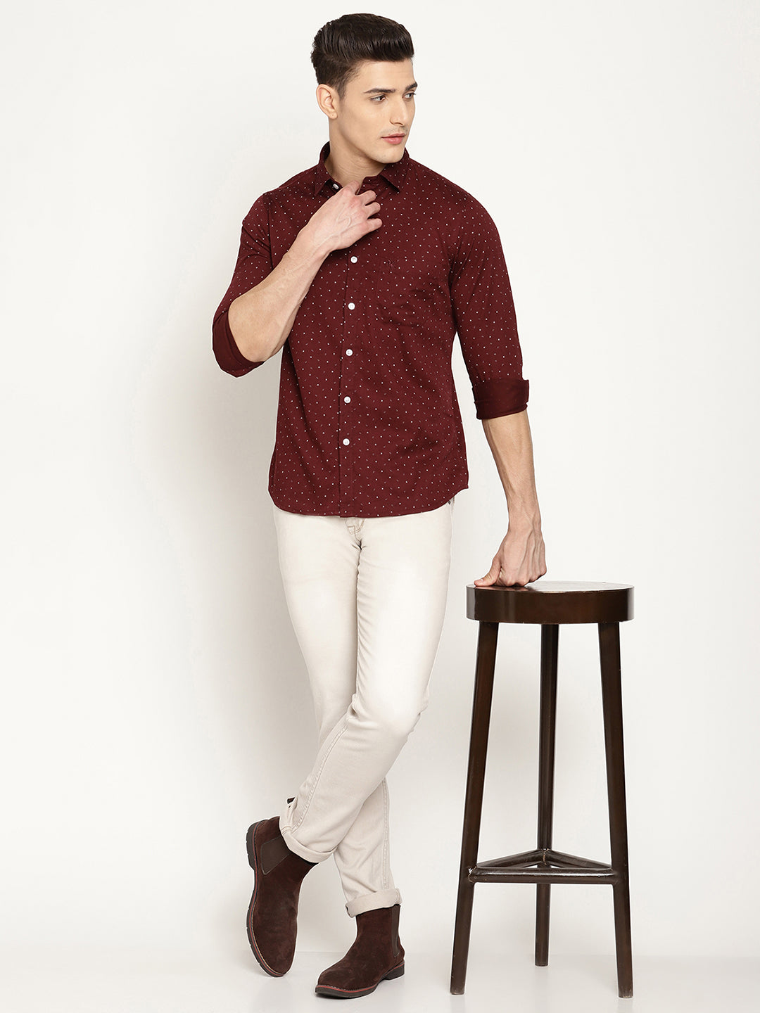 Cantabil Cotton Printed Maroon Full Sleeve Casual Shirt for Men with Pocket (6831075917963)