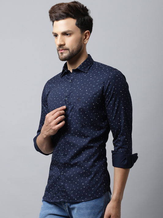 Cantabil Cotton Printed Navy Blue Full Sleeve Casual Shirt for Men with Pocket (7048397389963)