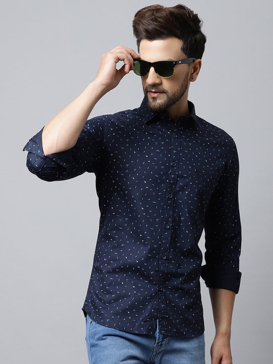 Cantabil Cotton Printed Navy Blue Full Sleeve Casual Shirt for Men with Pocket (7048397389963)