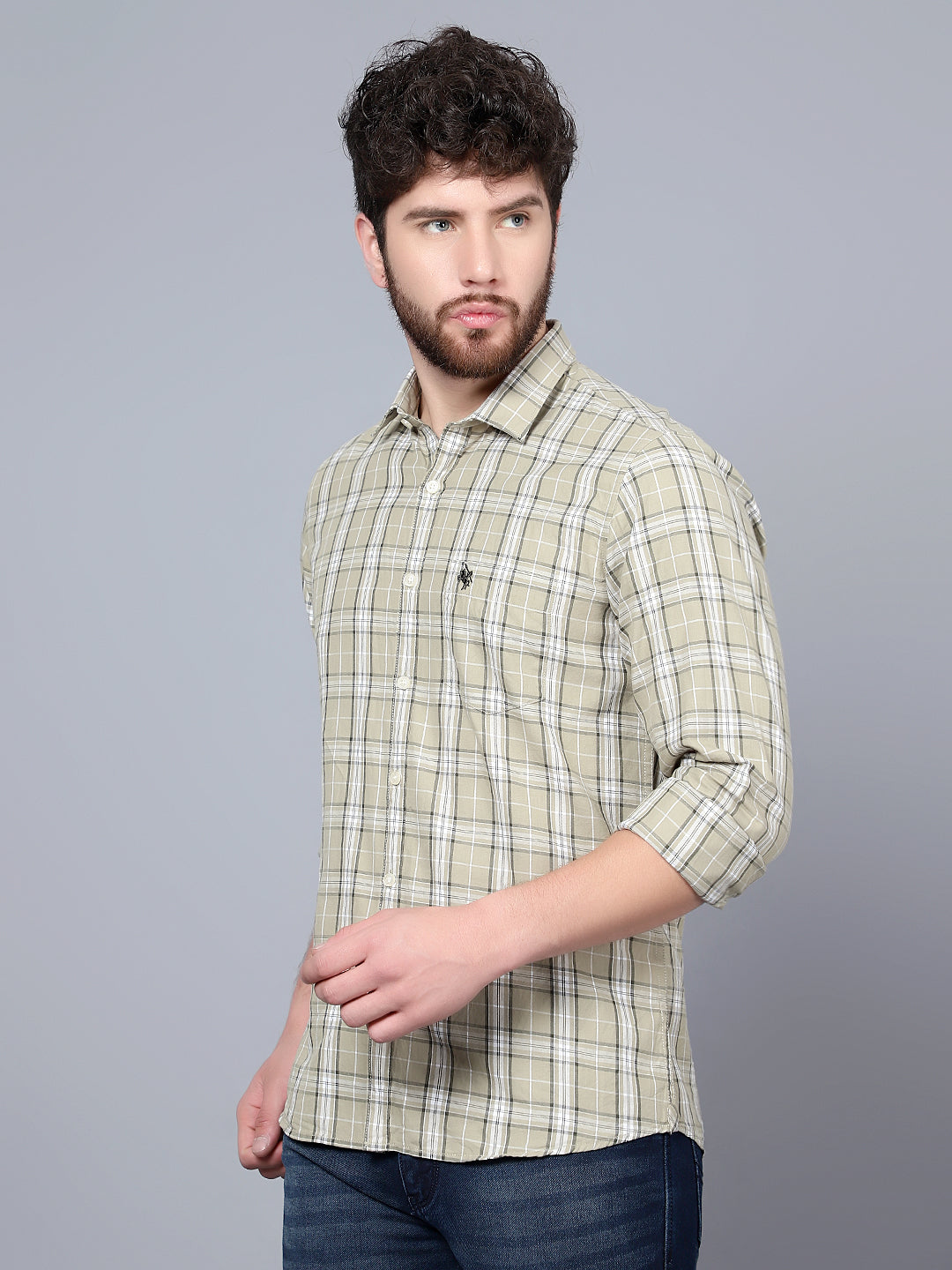 Cantabil Cotton Checkered Green Full Sleeve Casual Shirt for Men with Pocket (7089885970571)