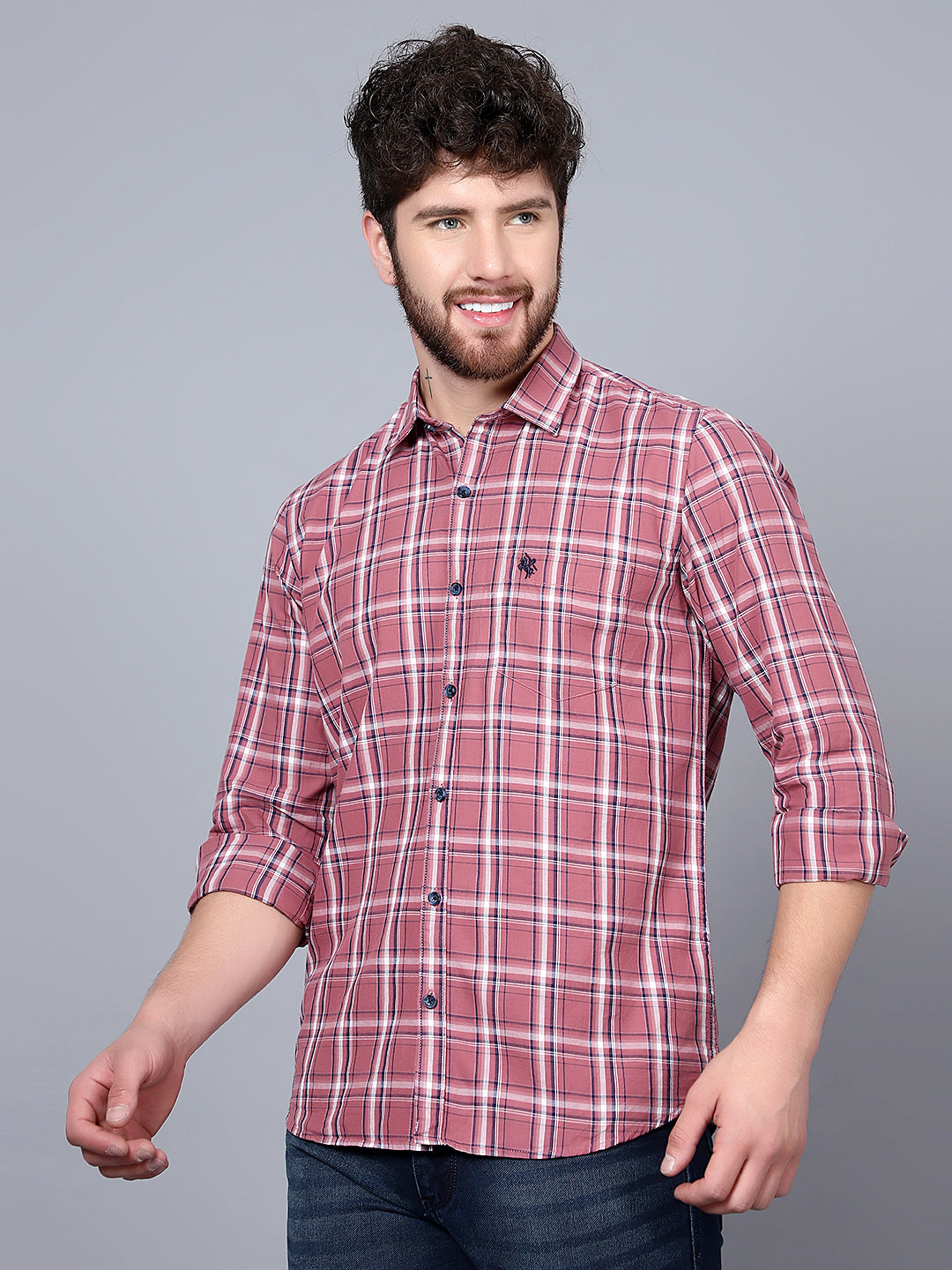 Cantabil Cotton Checkered Mauve Full Sleeve Casual Shirt for Men with Pocket (7089898782859)