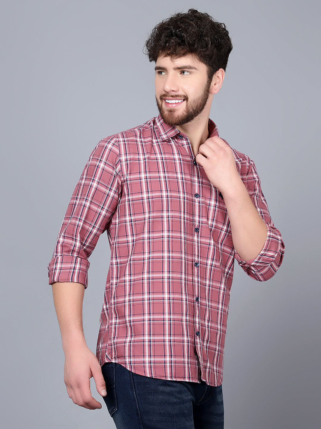 Cantabil Cotton Checkered Mauve Full Sleeve Casual Shirt for Men with Pocket (7089898782859)