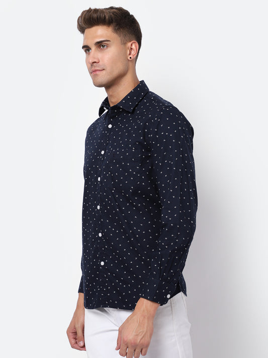 Cantabil Cotton Printed Navy Blue Full Sleeve Casual Shirt for Men with Pocket (6928246145163)