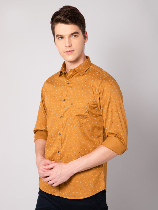 Cantabil Cotton Printed Mustard Full Sleeve Casual Shirt for Men with Pocket (7048405352587)