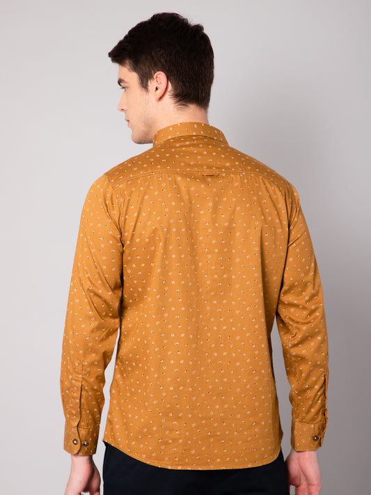 Cantabil Cotton Printed Mustard Full Sleeve Casual Shirt for Men with Pocket (7048405352587)