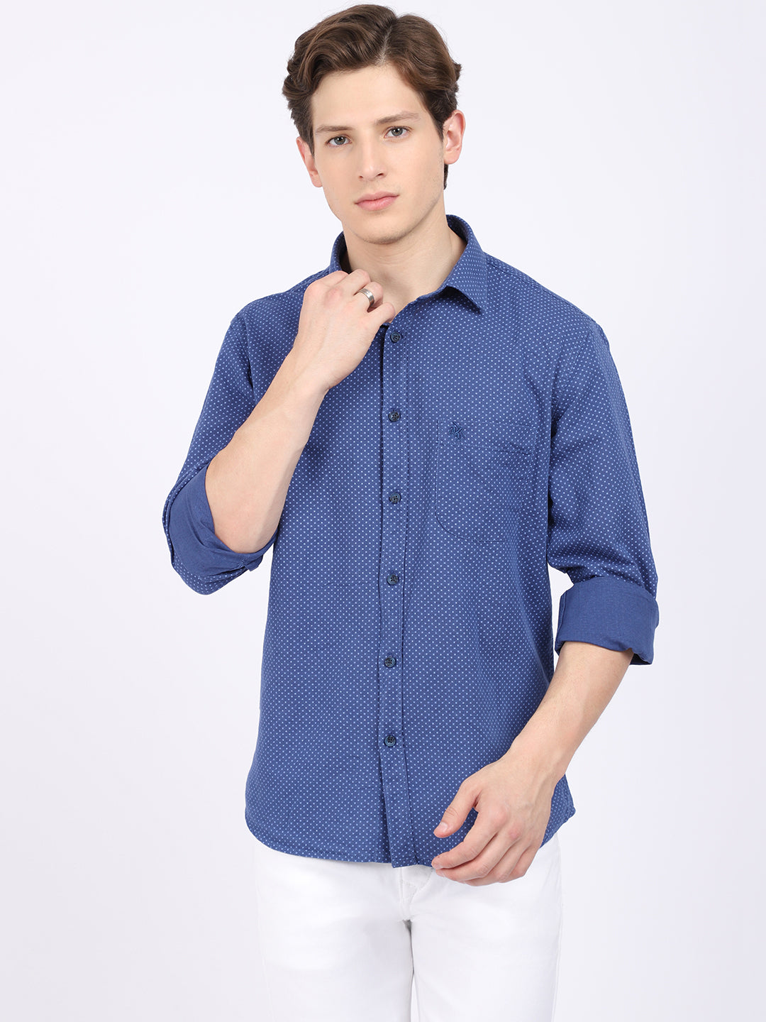 Cantabil Cotton Blend Printed Blue Full Sleeve Casual Shirt for Men with Pocket (6865476452491)