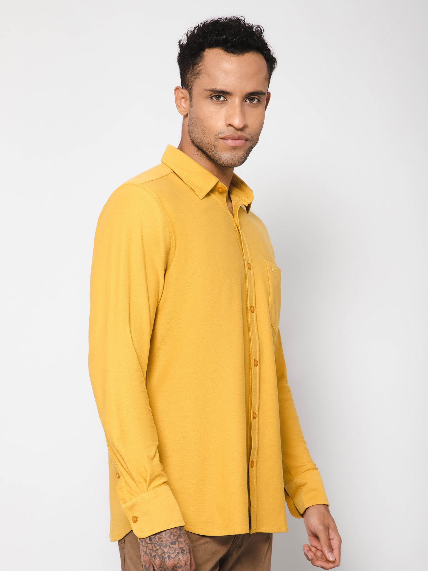 Cantabil Cotton Blend Mustard Solid Full Sleeve Casual Shirt for Men with Pocket (7113363193995)