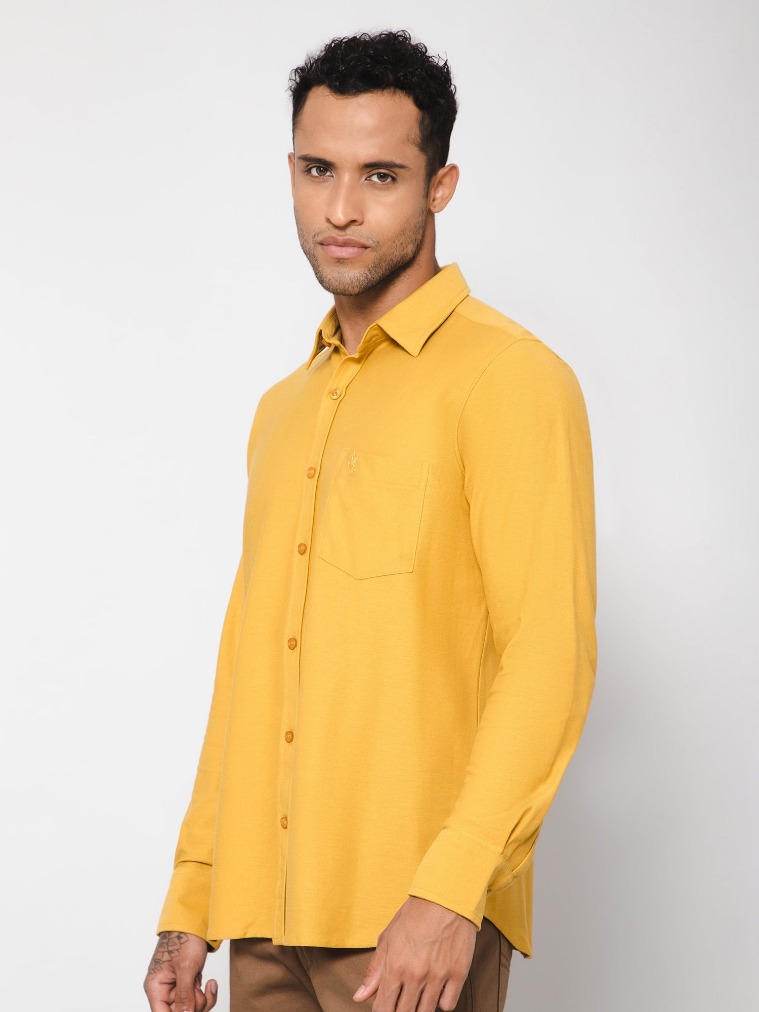 Cantabil Cotton Blend Mustard Solid Full Sleeve Casual Shirt for Men with Pocket (7113363193995)