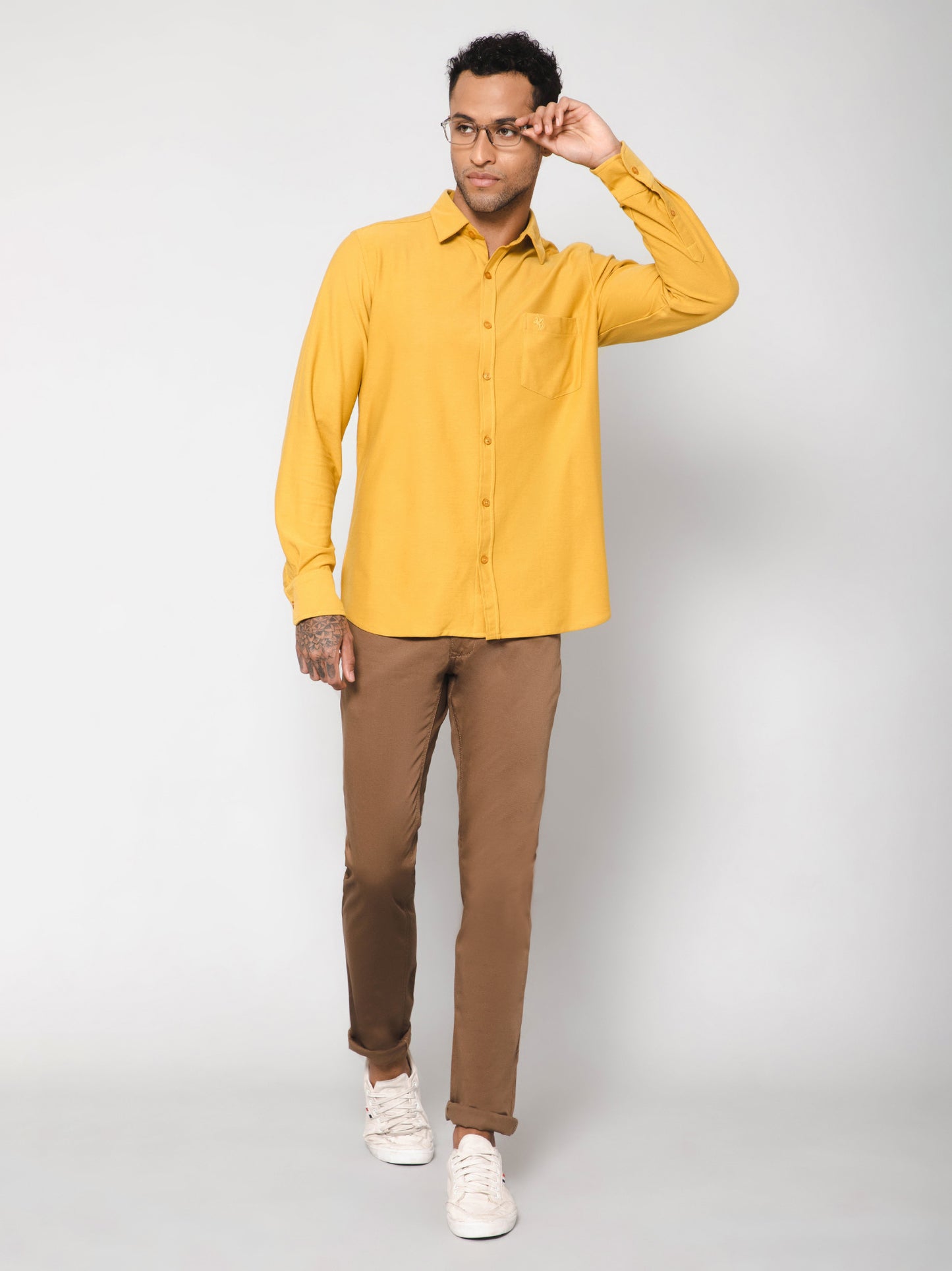 Cantabil Cotton Blend Mustard Solid Full Sleeve Casual Shirt for Men with Pocket (7113363193995)