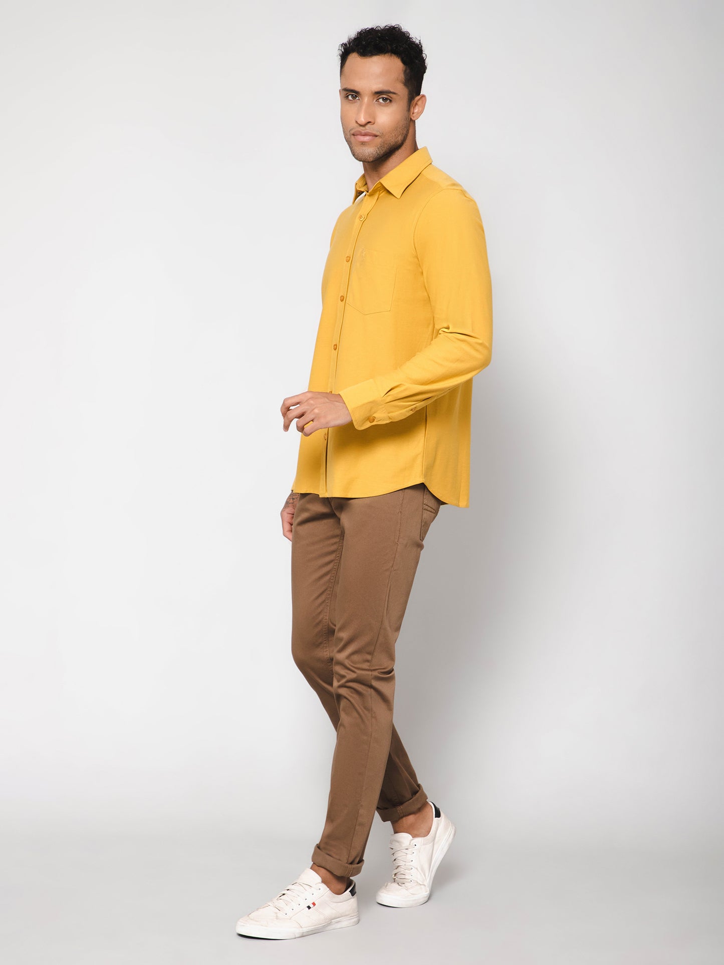 Cantabil Cotton Blend Mustard Solid Full Sleeve Casual Shirt for Men with Pocket (7113363193995)