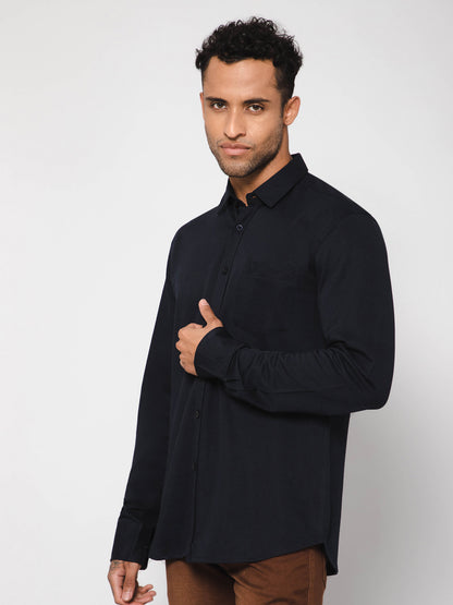 Cantabil Cotton Blend Solid Navy Blue Full Sleeve Casual Shirt for Men with Pocket (7113370992779)