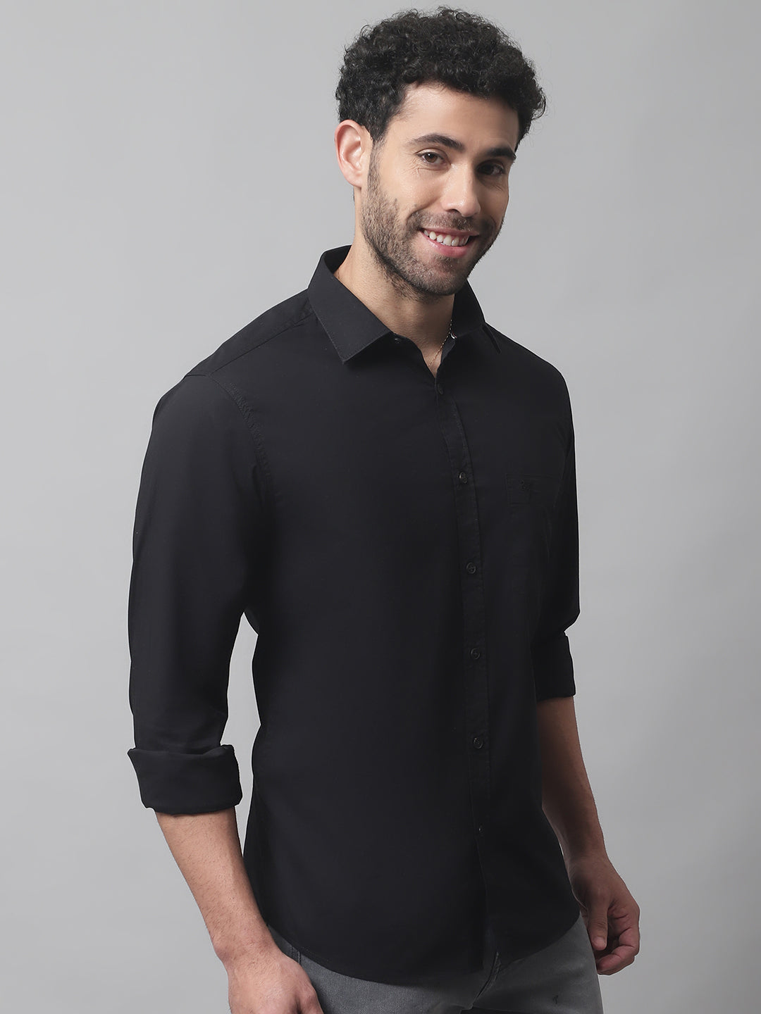 Cantabil Cotton Blend Solid Black Full Sleeve Casual Shirt for Men with Pocket (7070276190347)