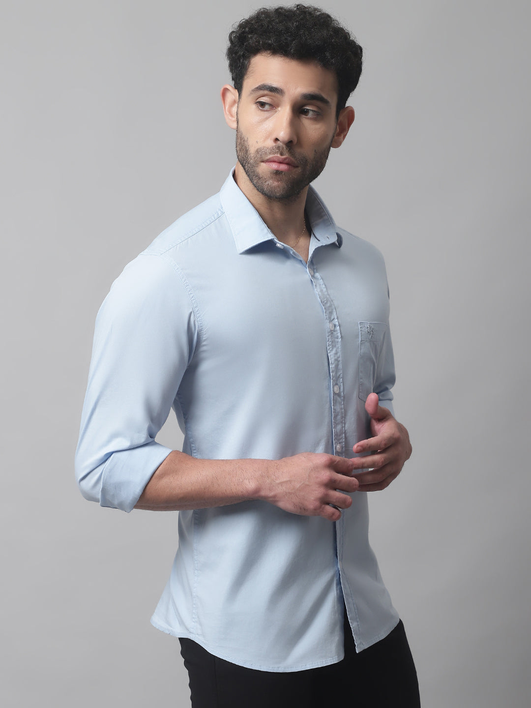 Cantabil Cotton Blend Solid Sky Blue Full Sleeve Casual Shirt for Men with Pocket (7070329733259)