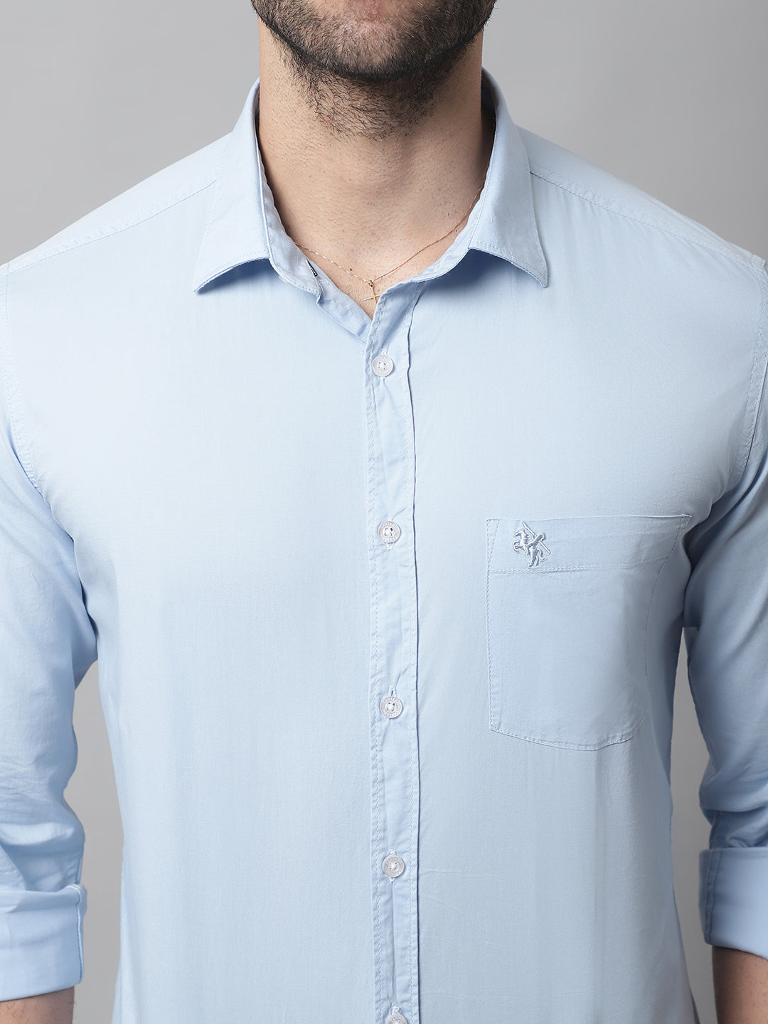 Cantabil Cotton Blend Solid Sky Blue Full Sleeve Casual Shirt for Men with Pocket (7070329733259)