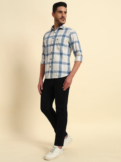 Casual Shirt for Men | Breathable & Soft with Color Fastness Regular Fit Spread Collar Neck Cotton Linen Fabric Checkered Pattern
