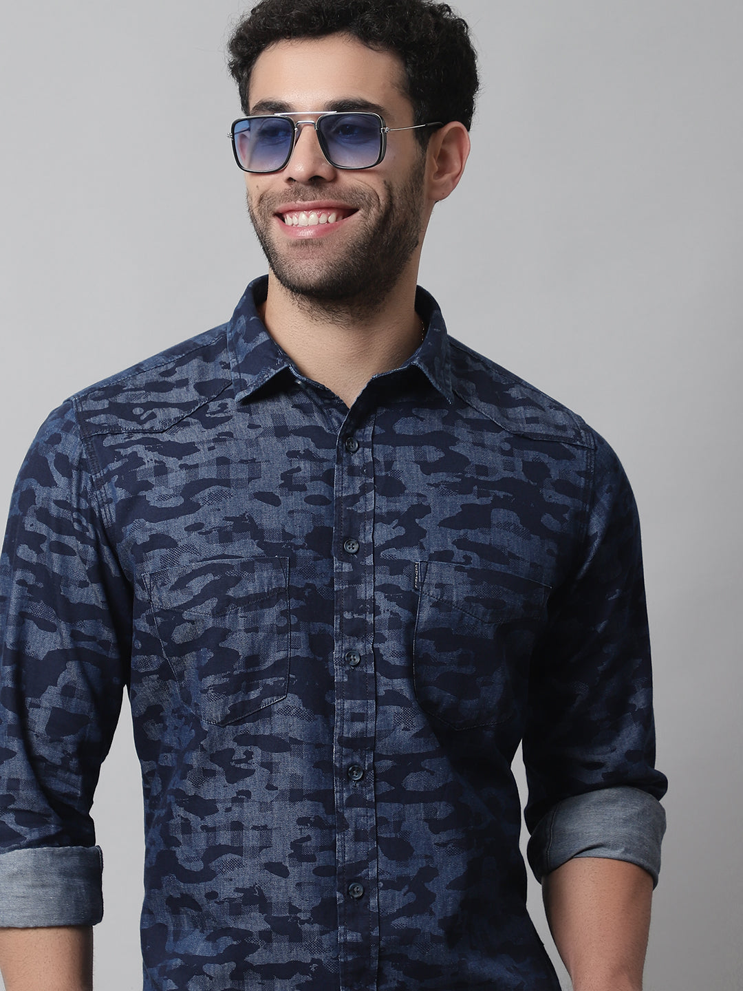 Cantabil Cotton Printed Blue Full Sleeve Casual Shirt for Men with Pocket (7070779736203)