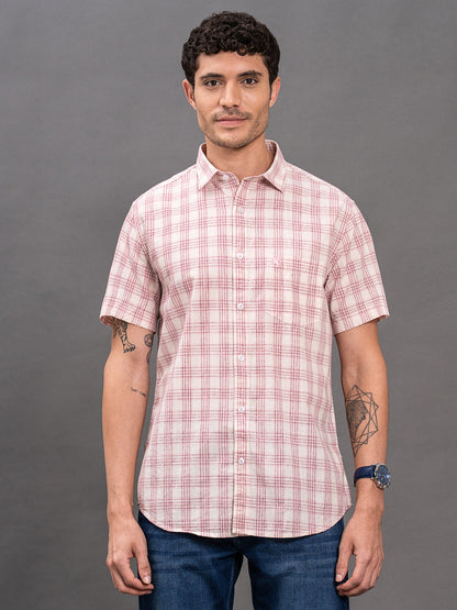 Men's Pink Slim Fit Checkered Half Sleeve Casual Shirt