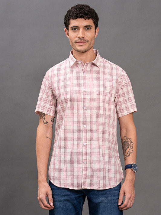 Men's Pink Slim Fit Checkered Half Sleeve Casual Shirt