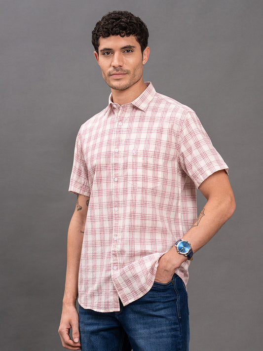 Men's Pink Slim Fit Checkered Half Sleeve Casual Shirt