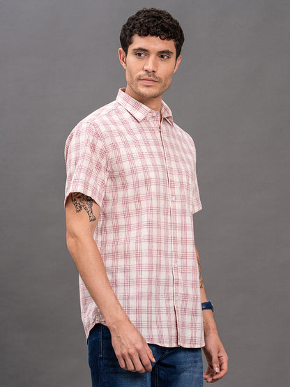 Men's Pink Slim Fit Checkered Half Sleeve Casual Shirt