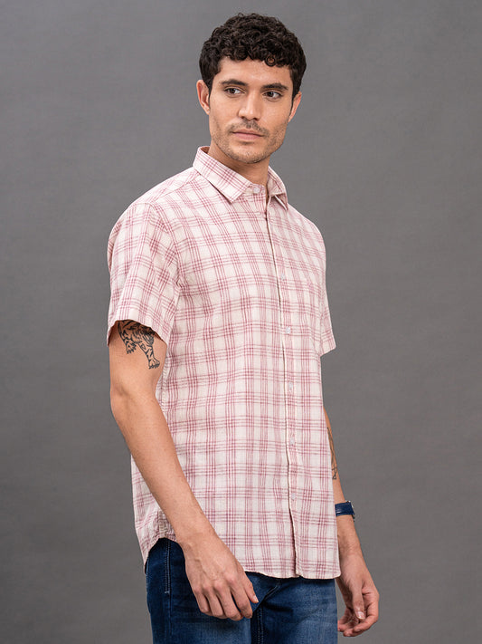Men's Pink Slim Fit Checkered Half Sleeve Casual Shirt