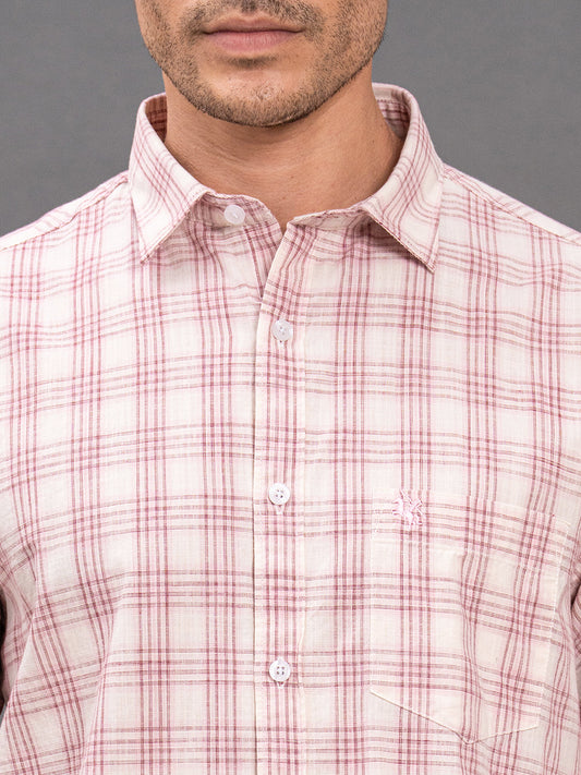 Men's Pink Slim Fit Checkered Half Sleeve Casual Shirt