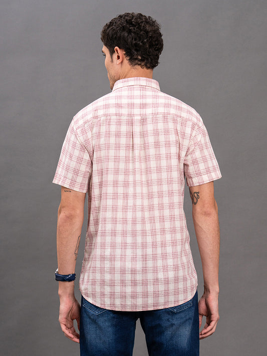 Men's Pink Slim Fit Checkered Half Sleeve Casual Shirt