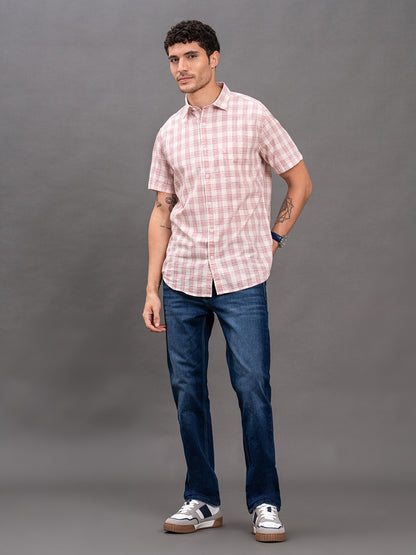 Men's Pink Slim Fit Checkered Half Sleeve Casual Shirt