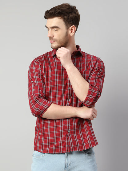 Cantabil Cotton Checkered Red Full Sleeve Casual Shirt for Men with Pocket (7114284433547)