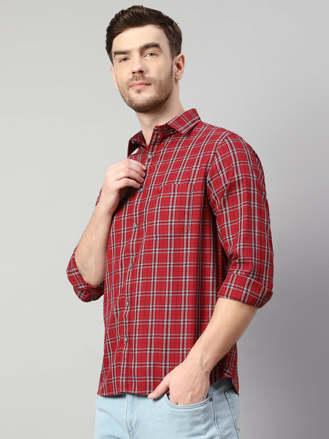 Cantabil Cotton Checkered Red Full Sleeve Casual Shirt for Men with Pocket (7114284433547)