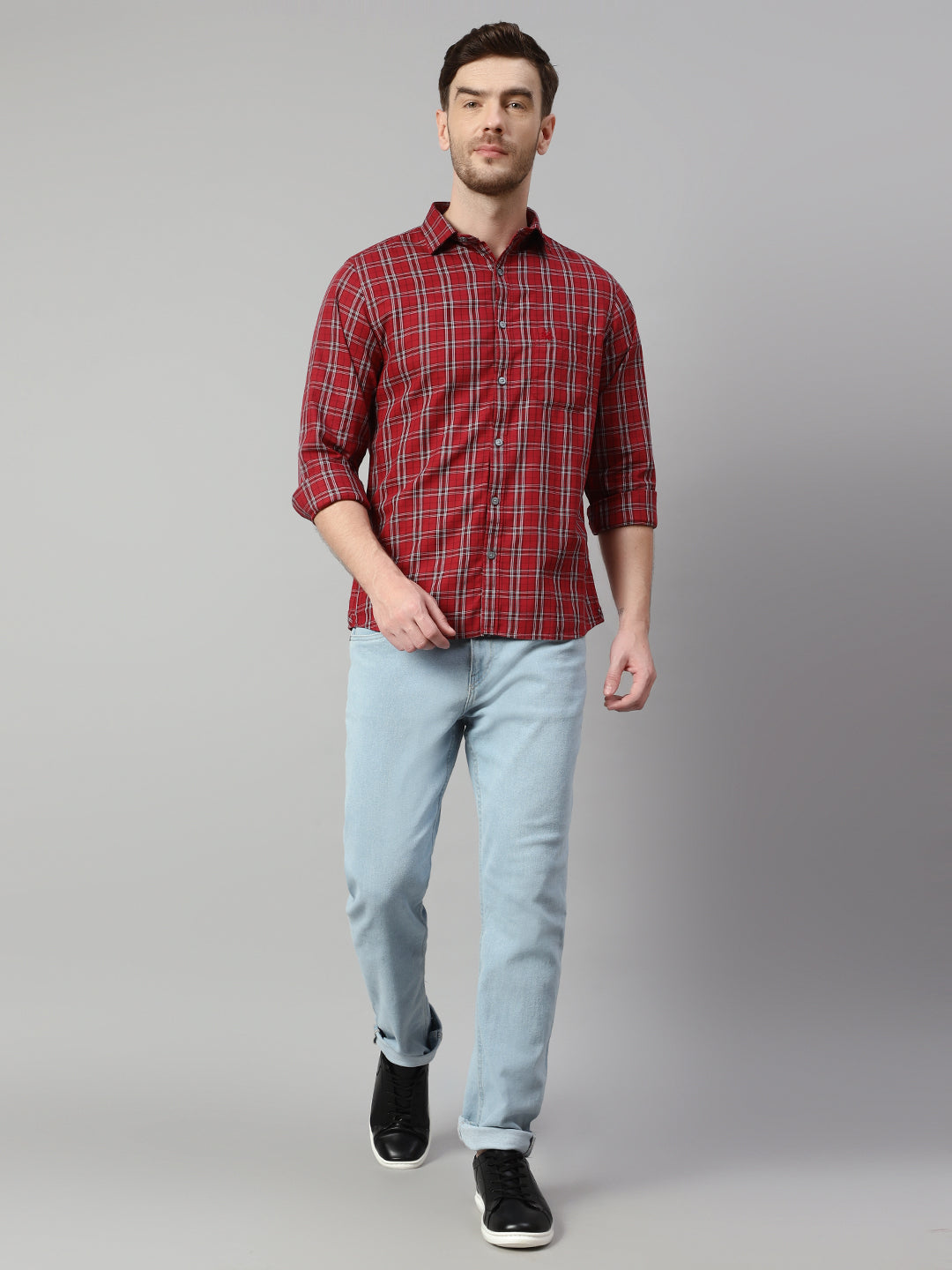 Cantabil Cotton Checkered Red Full Sleeve Casual Shirt for Men with Pocket (7114284433547)